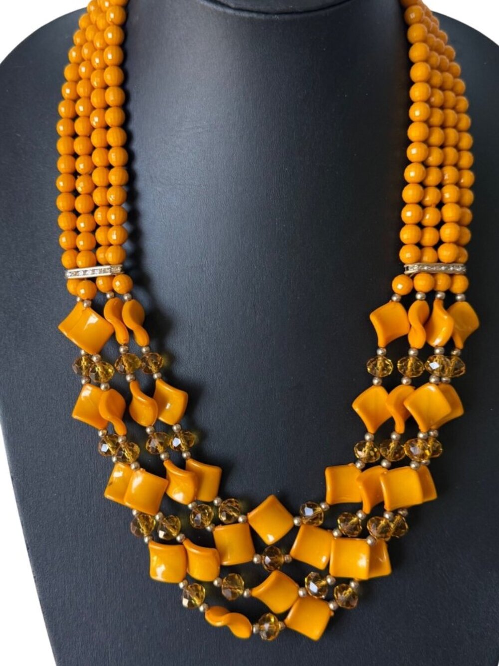 Vintage Multistrand Orange Beaded Necklace Crystal Accents 24-27 Inches